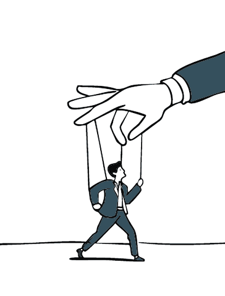 Een hand die iemand als marionet bestuurt