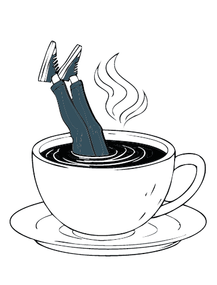 Iemand die kopje-onder gaat in een koffietas